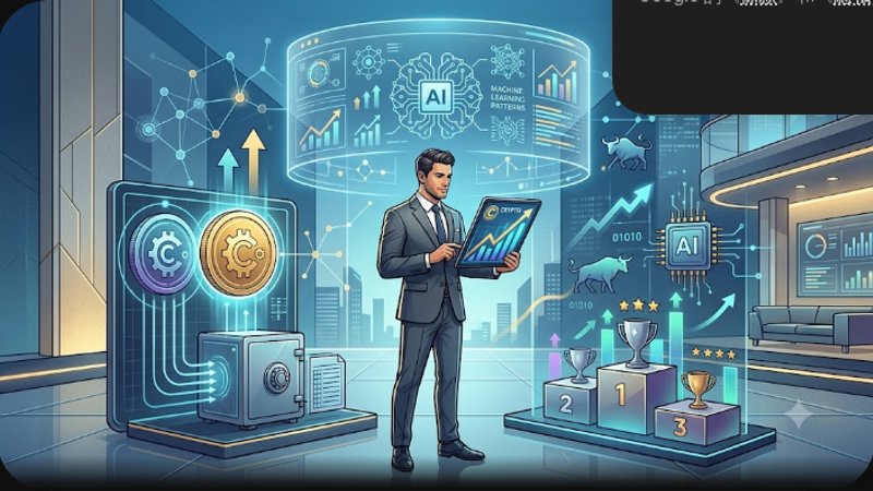 Современная иллюстрация с элементами криптовалют и искусственного интеллекта для рейтинга премиальных букмекеров VIP-сегмента